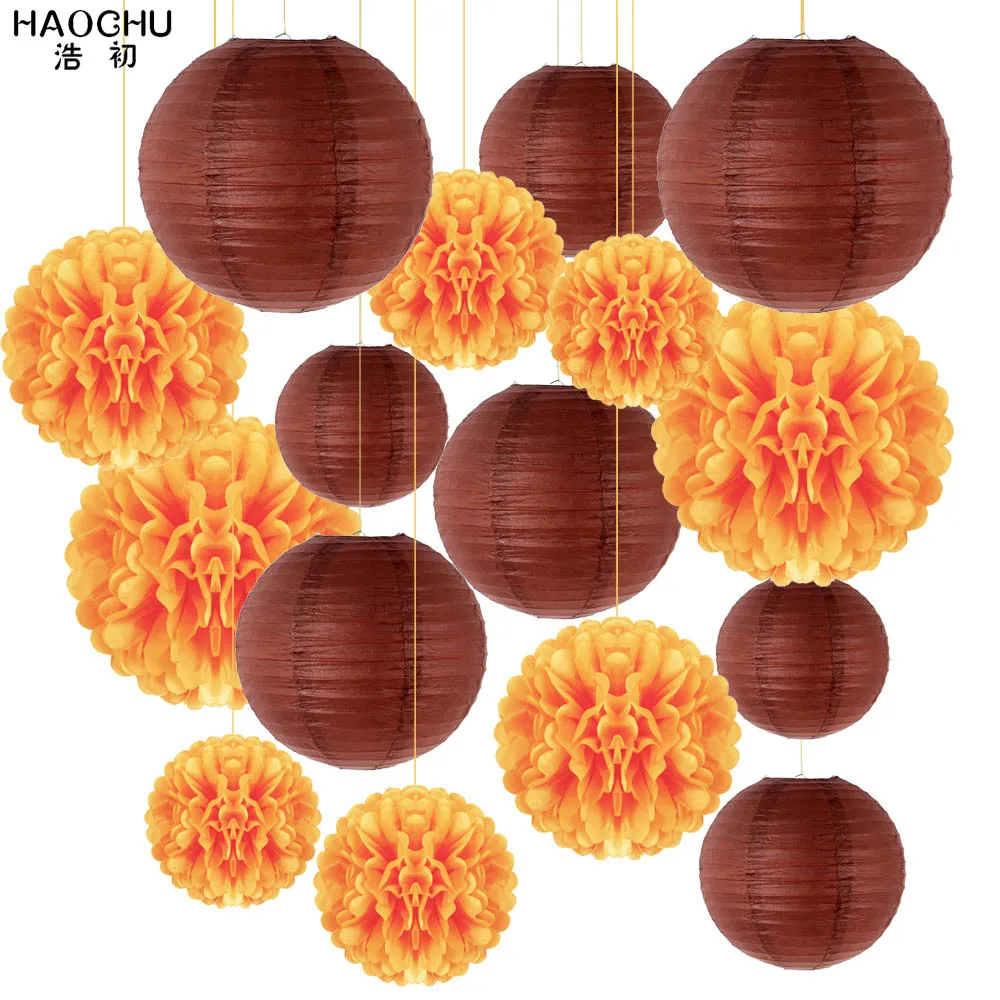 Brown Orange 16 шт./компл. "-12" Золотые Цветочные шары из бумаги Pom Poms бумажные фонарики на день рождения елочные игрушки Рождественские украшения для дома - Цвет: Brown Orange