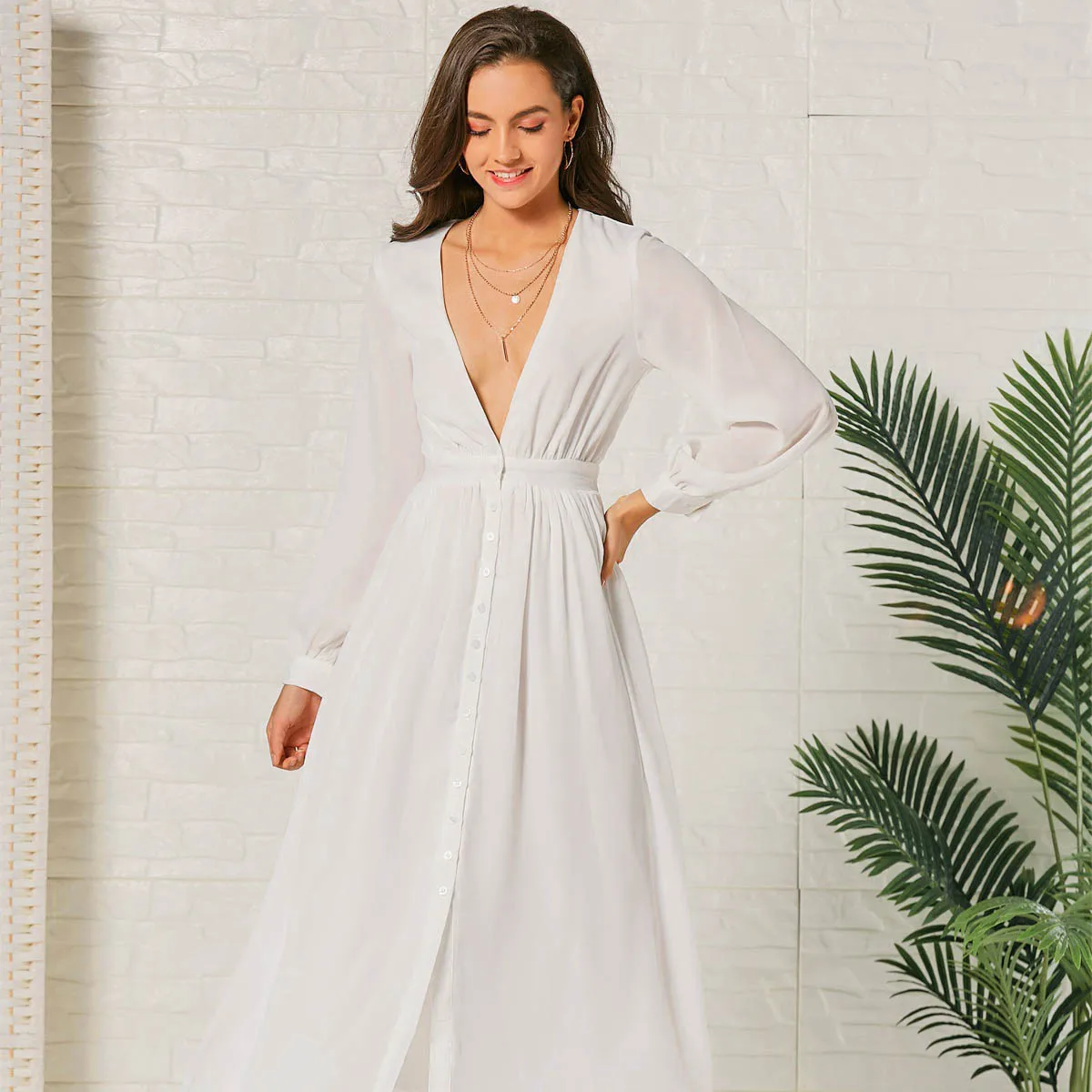 

Sexy Deep V Neck Summer Women Maxi Dress Lantern Sleeve Button Vintage Loose Casual Beach Dress 2019 White Party Dress Vestidos