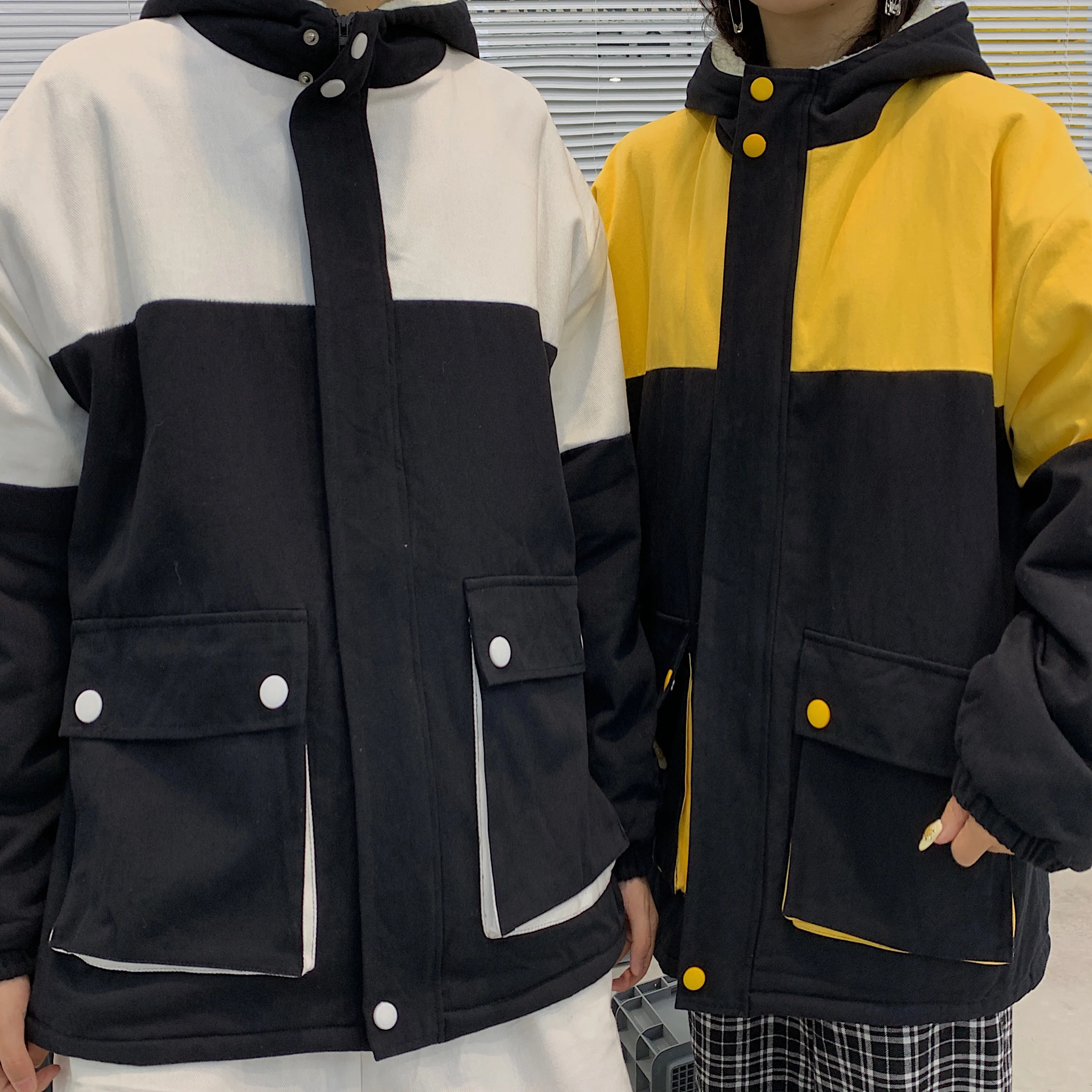 Neploe Harajuku, зимняя куртка из овечьей шерсти, контрастный цвет, с карманами, с капюшоном, на молнии, парки,, Корейская плотная Женская и мужская верхняя одежда, 55602