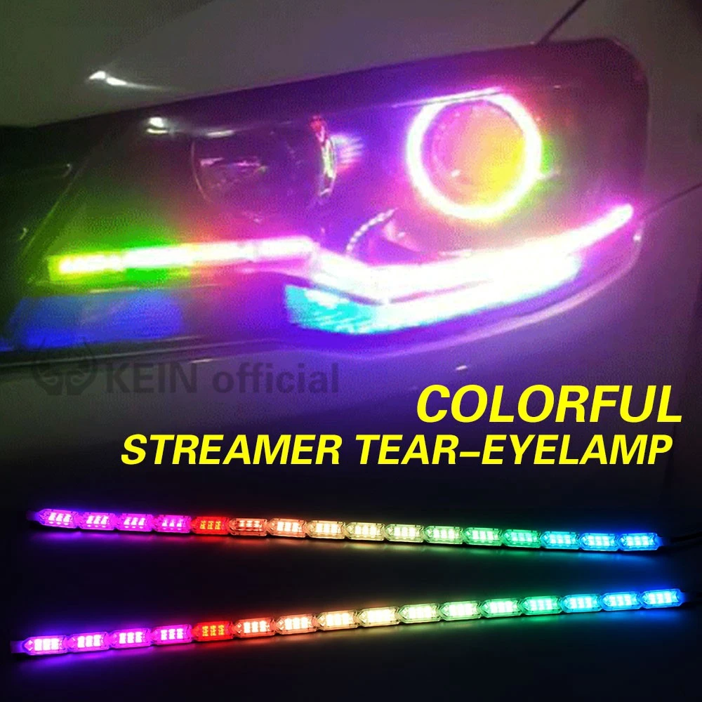 

KEIN 2pcs DRL RGB LED Tear Silicone Car DRL Daytime Running Turn Signal Light Guide Bar Lamp with Running Signal Colorful Yellow