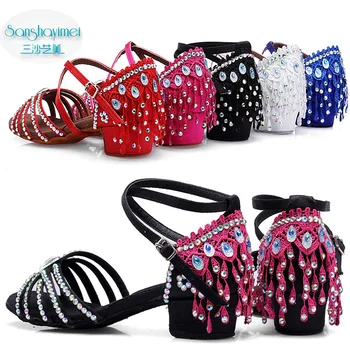 

Tassels Latin Dance Shoes Female Fashion Rhinestone Peacock Tail Elegant Stage Perform Sandals Wear-resistant Breathable Shoes