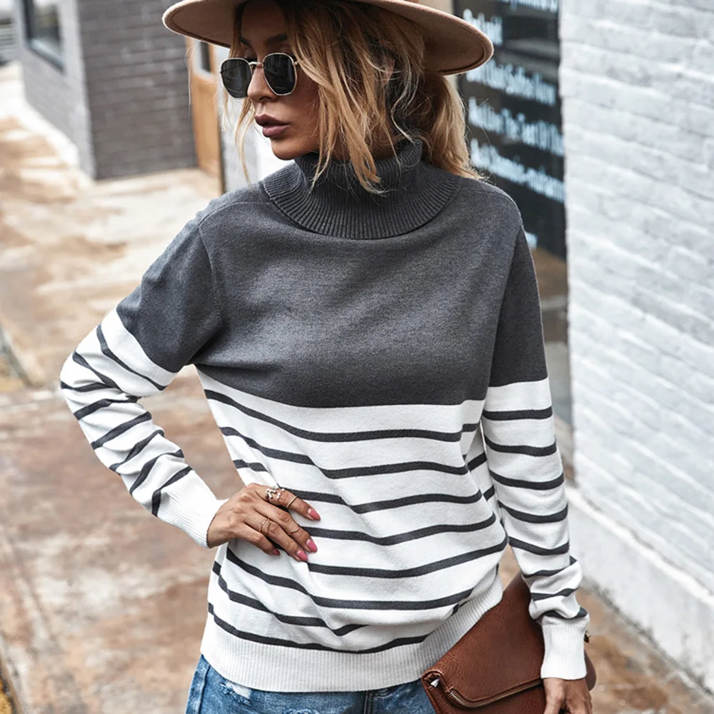 

Striped Patchwork Korean Streetwear Knitted Turtleneck Pullover Sweater Women 2020 Autumn Plus Size Clothes Woman Sweaters
