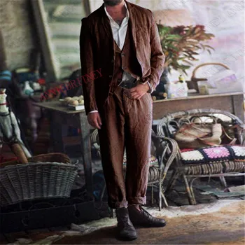 

2020 Classic Summer Men Suit 3 Pieces Brown Linen Beach Wedding Suits for Men Casual Men Blazer Groom Tuxedo Jacket Vest Pants