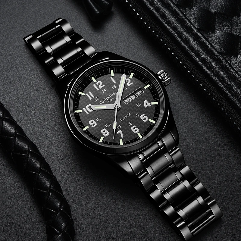 

2020 New Mens Watch Luxury Brand CARNIVAL Japan Movement Quartz Wristwatch Calendar Luminous Full Black Military Watches for Men