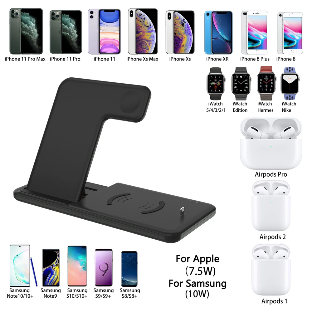 4 в 1 беспроводная зарядная станция для Apple Watch Airpods 2 Pro Беспроводная Зарядная база Qi быстрая зарядная подставка iPhone X 11 XR Xs Max