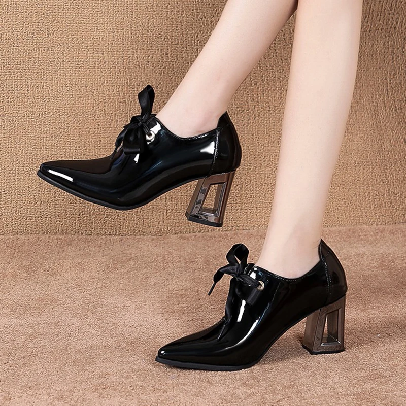 

2020 Spring Women Shoes Pointed Toe Lace Up High Heels Pointed Toe Dres Shoes Patent Leather Bare boots Black botas mujer 7969N