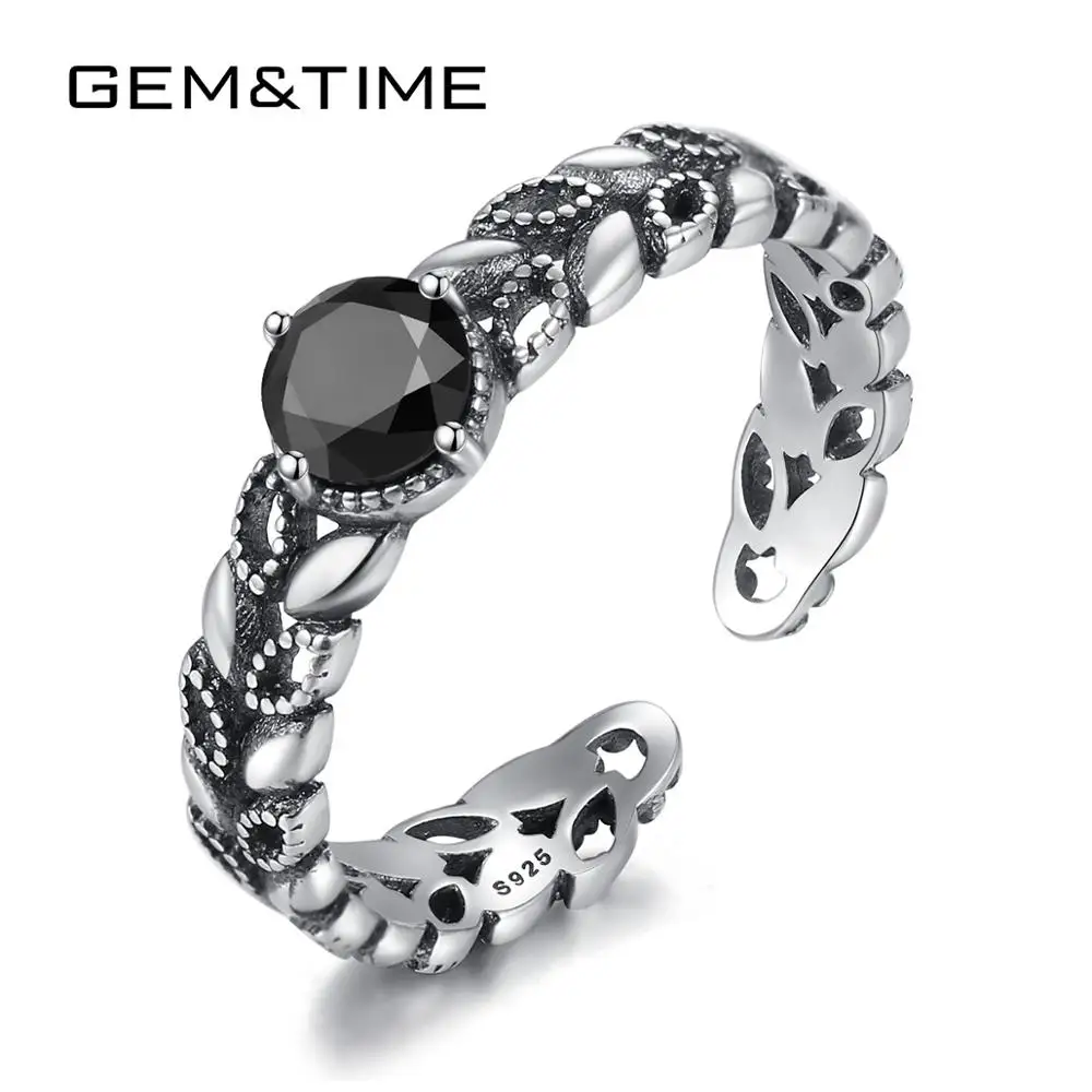 Gem& Time Стерлинговое Серебро 925 пробы, штакаб, черный циркон, кольца для женщин, листья, полые, пистолет-черный цвет, регулируемые кольца, ювелирный камень