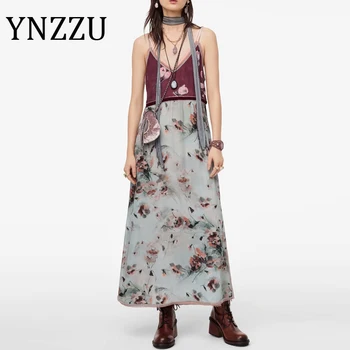 

YNZZU Sexy Strap Patchwork Maxi Summer Dress Women 2020 Vintage Floral Print Backless Female Split Long Dresses Vestidos AD522