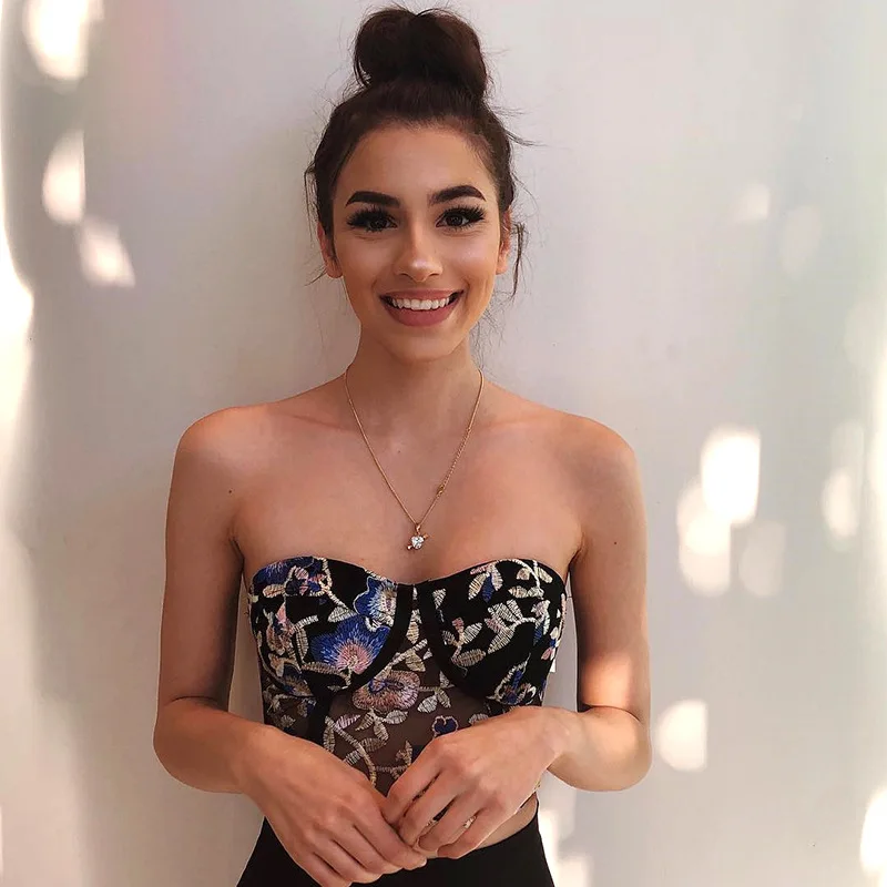 

2020 New ins Best Selling Fashion Embroidered Print Perspective Mesh Sexy Blossom Wear with Retro Embroidered Blossom Top Women