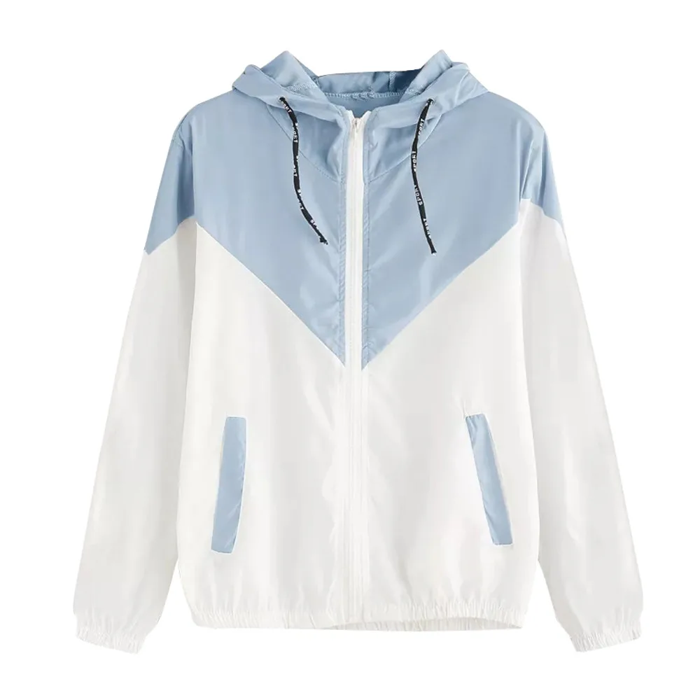 

2019 Women Basic Jackets Female Zipper Pockets Casual Long Sleeves Coats Autumn Hooded Jacket Two Tone Windbreaker Jacket W30724