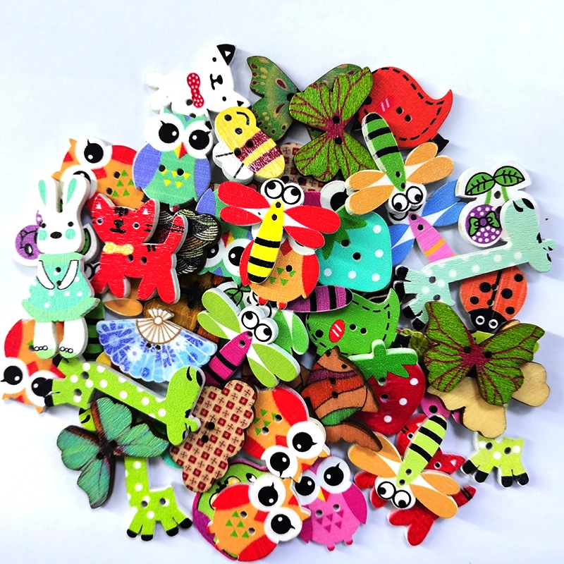 20/50/100Pcs Mixed Cartoon Animal Wooden Buttons 2 Holes  Scrapbooking Crafts DIY Kids Clothing Accessories Sewing Button Decor