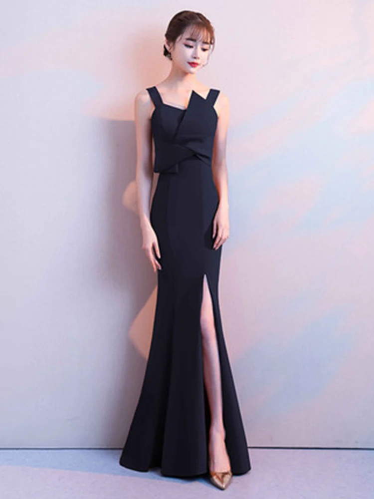 navy blue Вечернее платье на бретельках с разрезом, женские вечерние платья, элегантное платье с вырезом лодочкой, однотонное платье без рукавов, элегантные вечерние платья F125 - Цвет: navy blue