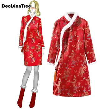 

2020 Chinese Dress chinese women print tang qipao vintage rabbit hair collar satin dress cheongsam women dress oriental dress