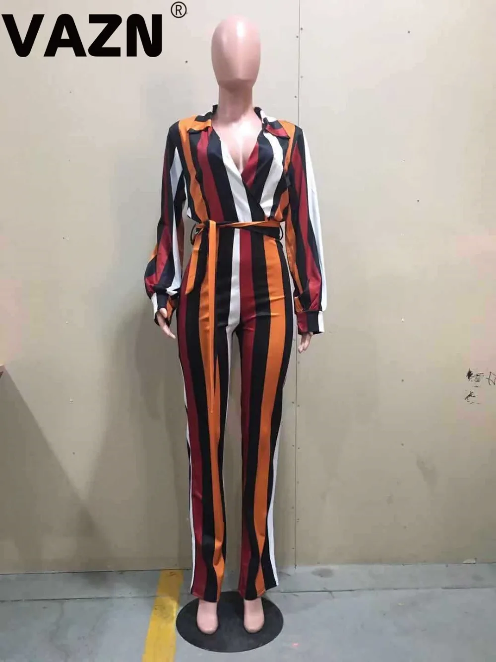 VAZN Hot Georgette Jumpsuits Office Daily Untidy Fashion Classic Striped Full Sleeve High Waist Lace Up Wide Leg Jumpsuits