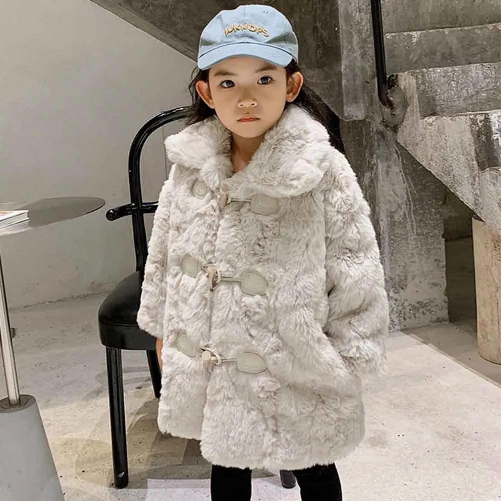 

FIRSTTO Stylish Mother Daughter Faux Rabbit Fur Velvet Lapel Hairy Shaggy Outwear Keep Warm Horn Button Jacket Coat Tops 4 Color