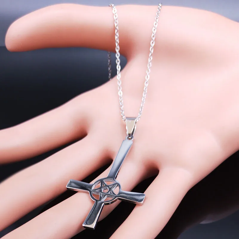 Inverted Cross Occult Pentagram Stainless Steel Chain Necklace Women Satanic Gothic Satan Necklace Jewelry colgante N642S03