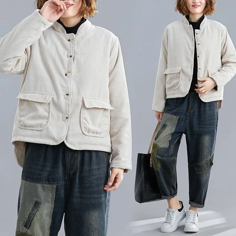 

2019 Autumn And Winter New Style Cotton Coat Corduroy Stand Collar Retro Literature And Art Cotton-padded Jacket Single Breasted