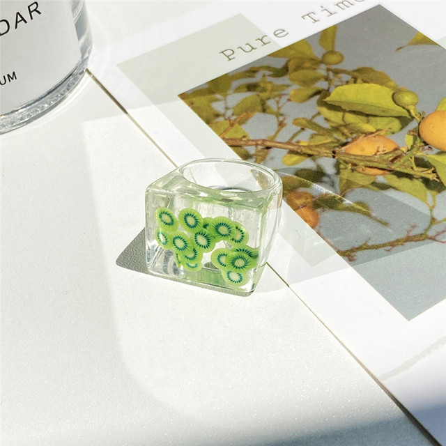 Korea Colorful Fashion Resin Fruit Ring Set Metal Geometric Irregular Open Rings for Women Party Wedding Jewelry Ring Set