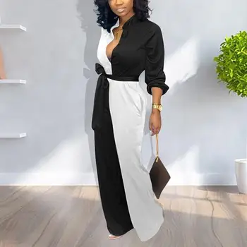 

Casual Deep V-Neck Patchwork Long Sleeve Jumpsuits Office Lady Women Jumpsuits Streetwear Button Loose Office Jumpsuit