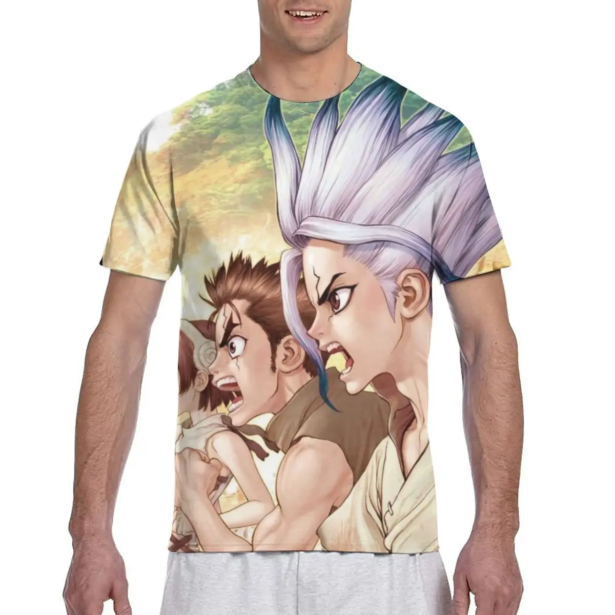 

Dr. Stone New arrival Print Men Cute Round Collar Tops & Tees