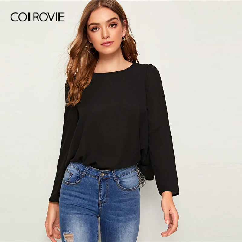 COLROVIE/черная Прозрачная Кружевная панель с ресницами, однотонный топ, женская элегантная блузка с длинными рукавами, стильные однотонные сексуальные блузки