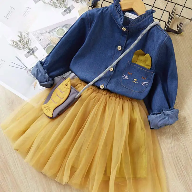 Повседневные платья для девочек; новая осенняя одежда для девочек в духе колледжа; детское платье с длинными рукавами и отворотами в клетку - Цвет: yellow-no bag
