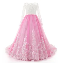 Princess Pink Flower Girls Dresses 2021 Ball Gown Long Sleeve Toddler Pageant Dress Bow Knot Sash Floor Length Wedding Party