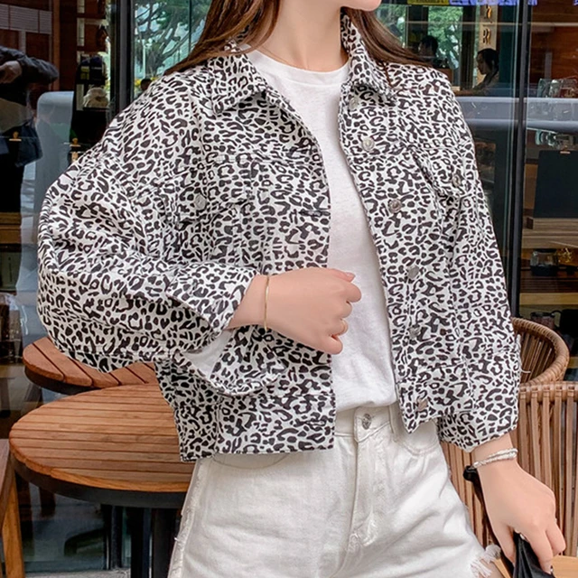 Chaqueta vaquera de leopardo para mujer, de manga larga, holgada, Vintage, con estampado Animal - AliExpress