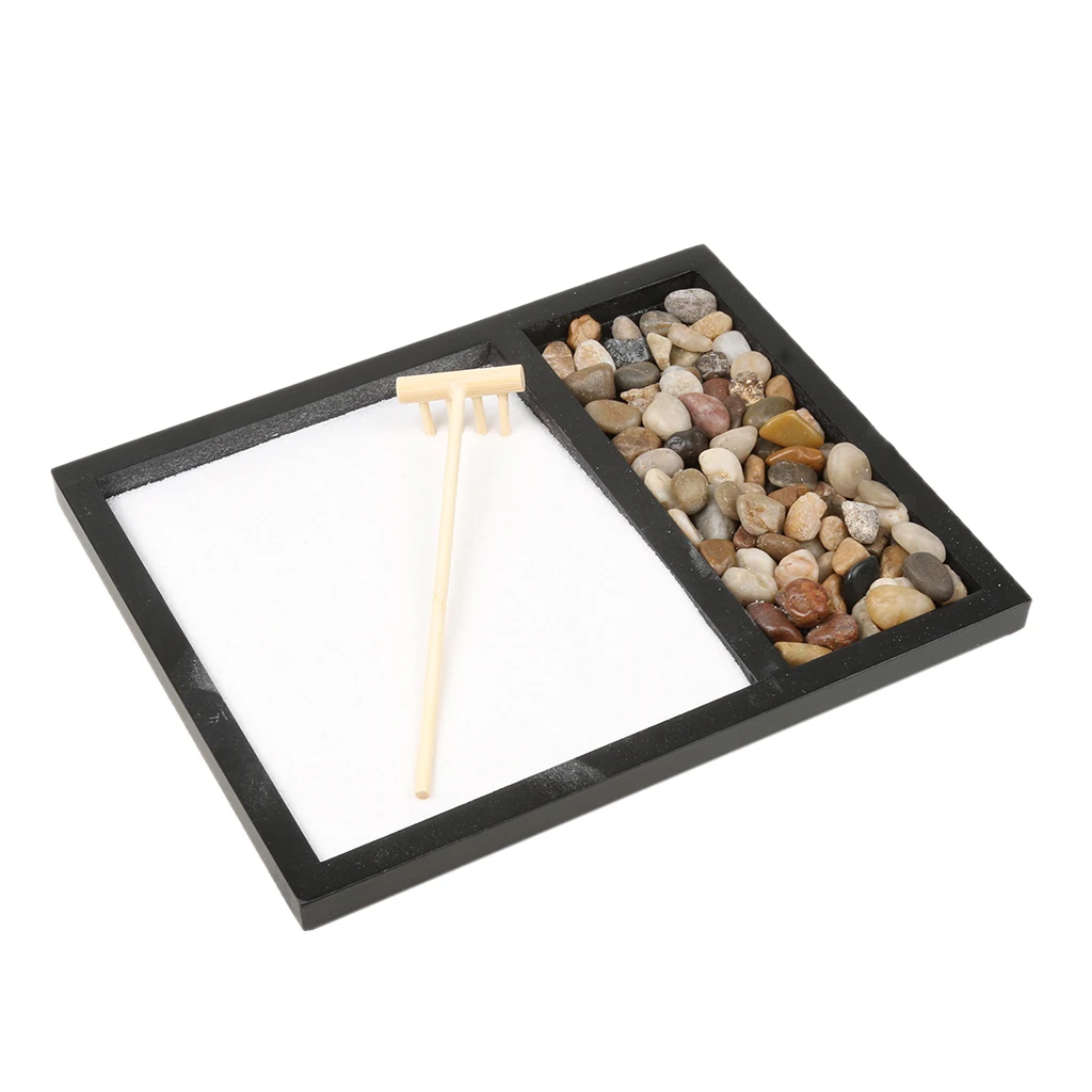 Zen Garden Sand Tray Stone Wooden Rake Sands Home Room Fengshui Ornament