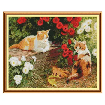

Kitten in the garden Printed Canvas DMC Counted Fabric Chinese Cross Stitch Kits printed Cross-stitch set Embroidery Needlework