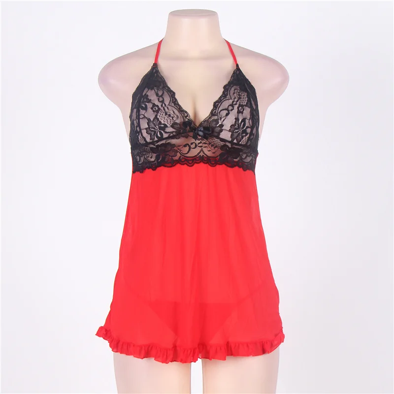 Comeondear Backless Lingerie Babydoll Sexy Black Red Ruffled Lace Tops Ropa Sexy Mujer Erotica Dress Transparent Dress RA7551