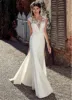 Customized Scoop Short Sleeve Lace Appliques Mermaid Wedding Dresses Natural Slim Buttons Back Women Bride Gown Illusion Vestido 3