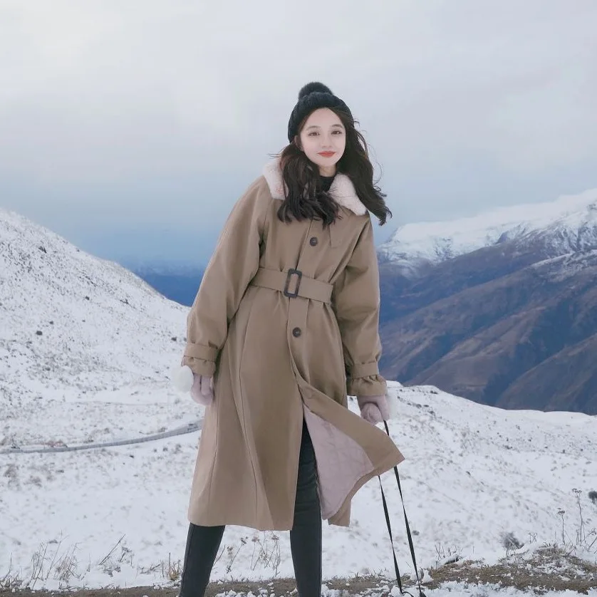 

Photo Shoot CHIC Korean-style Khaki Mid-length Imitation Rabbit Fur Fold-down Collar Waist Hugging Lace-up Big Hemline Workwear