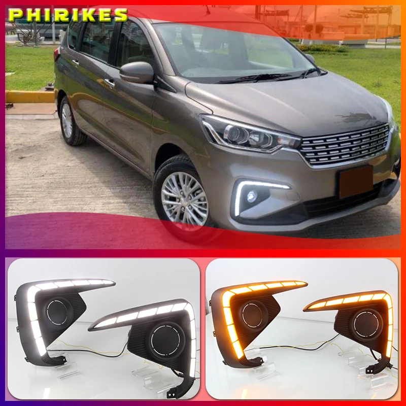 

Дневные светодиодсветодиодный ходовые огни, 2 шт., дневсветильник ни для Suzuki Ertiga 2018 2019 DRL, противотуманная фара, налобный фонарь, желтый указатель поворота