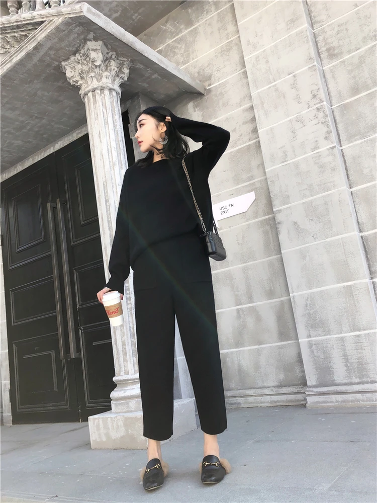 Autumn Winter Knitted Sweatshirts Tracksuit Women Cashmere Clothing 2 Piece Set Thick Warm O-neck Sweater+Ankle-Length Pant Suit