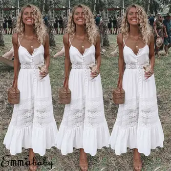 

2019 Fashion Boho Long Maxi Dress Women Summer Ladies Sleeveless White Beach Dress Evening Party Casual Dresses Vestidos