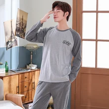 Мужские пижамные комплекты, 4XL, серый пижамный комплект, простая одежда для сна, Хлопковая пижама с длинным рукавом для мужчин, однотонный топ и штаны, верхняя одежда для отдыха
