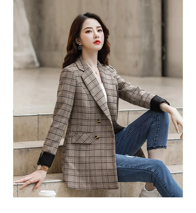 Small Suit Women's Autumn New Style Fashion Pattern Loose-Fit Coat Double Breasted Wear Plaid Suit WOMEN'S Dress