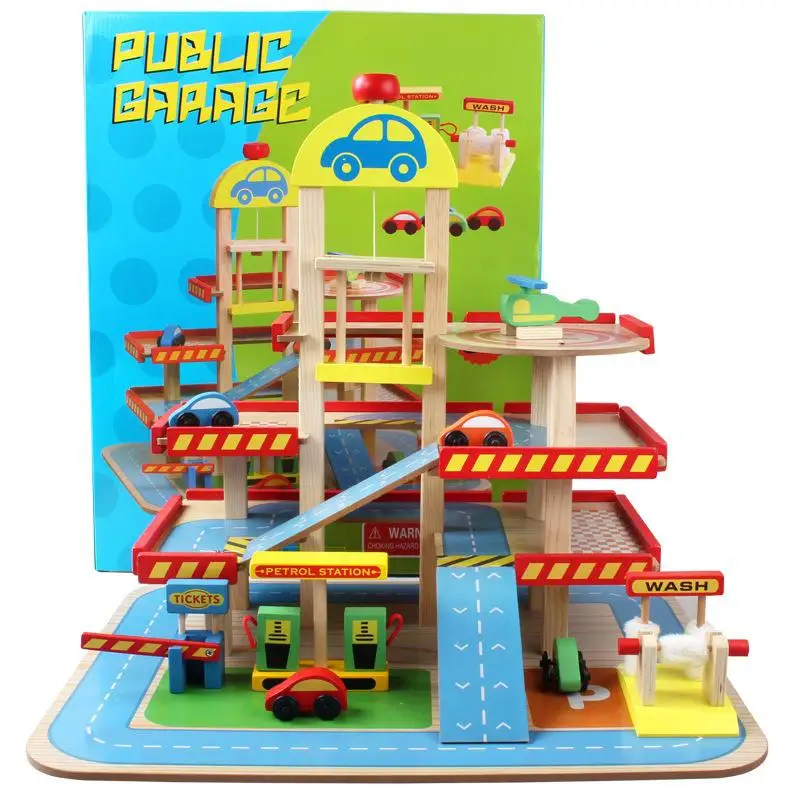 

Wooden Parking Track Simulation Wooden Large Three-dimensional Three-story Set Children Play House Assembled Car Track Toys