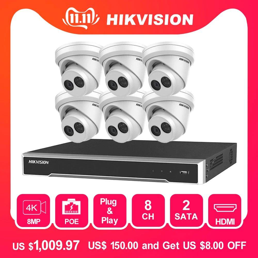 Hikvision 8CH система видеонаблюдения 48V POE NVR комплект Onvif HD 8MP IP камера