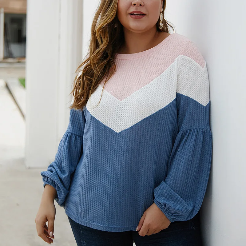

Laughido Plus Size Fall Fashion Knitted Patchwork T Shirts Women Casual Loose Winter Tops Streetwear Tee Shirt Female 2019