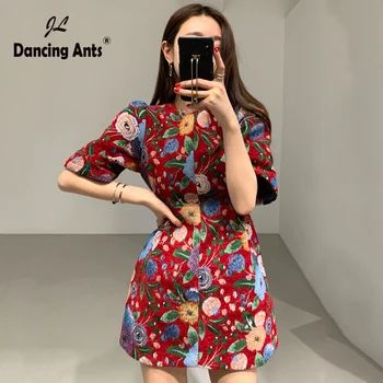 

Woman Skinny Dress O-Neck Short Sleeve High Waist Flower Print Slim Dresses Vintage Elegant Chic Above Knee Dress