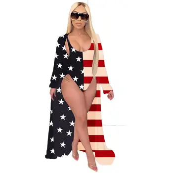 

Independence Day Flag Print V Neck One Piece Swimsuit+Beach Cover Ups Set 2020 Sexy Women Swimwear Bathing Suit &Cover Up 2PCS