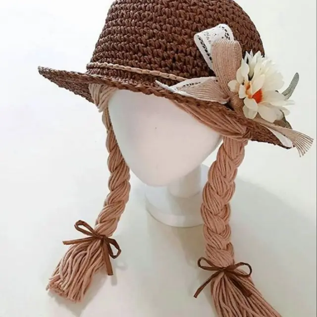 Spring Summer Baby Kids Girl Sun Block Hat Beach Hair Pigtail Braid Wig Cap Children Girls Flower Straw Hat Cap New Arrivals 5