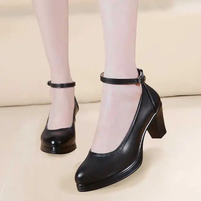

Spring And Autumn Shoes Elegant Semi-high Heeled WOMEN'S Shoes Black Tip Waterproof Platform Work Cheongsam Chunky-Heel Low-Cut