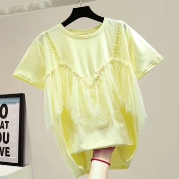 

Mesh Stitching T-shirt for Woman 2020 Summer Loose T Shirt Fashion Beaded Sequin Short-Sleeved T-shirt Ladies Tops Yellow Tee