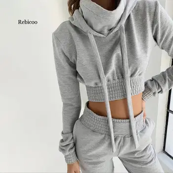 

Rebicoo New Autumn Gray Tracksuit Long Sleeve Drawstring Hoodie Top+Long Pants Two Piece Sets Women Clothes Matching Sets Hot