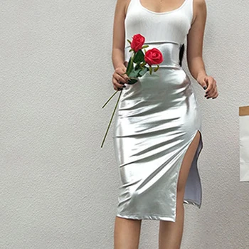 

2020 Women Spring Sexy Pencil Skirts Fashion PU Leather Package Hip Skirts Women Solid Split Female