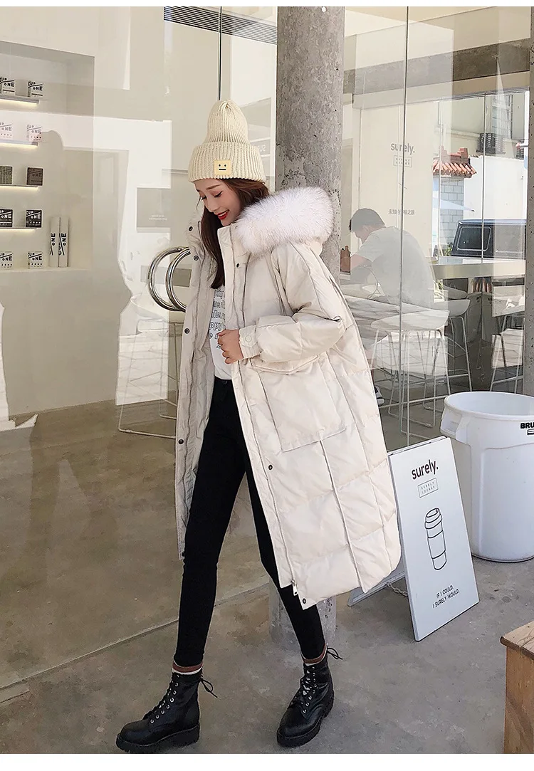 Фотосессия Dongdaemun средней длины Новинка зимы Стиль корейско-Стиль свободные белые куртки-пуховики на утином пуху Для женщин плотное пальто