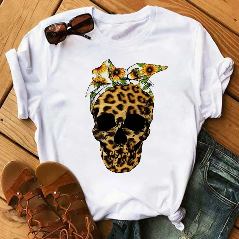 Fashion Leopard Skull Printed Women T-shirt Summer Loose Black Female T-shirt Casual Round Neck Harajuku Tops Woman Clothes 5
